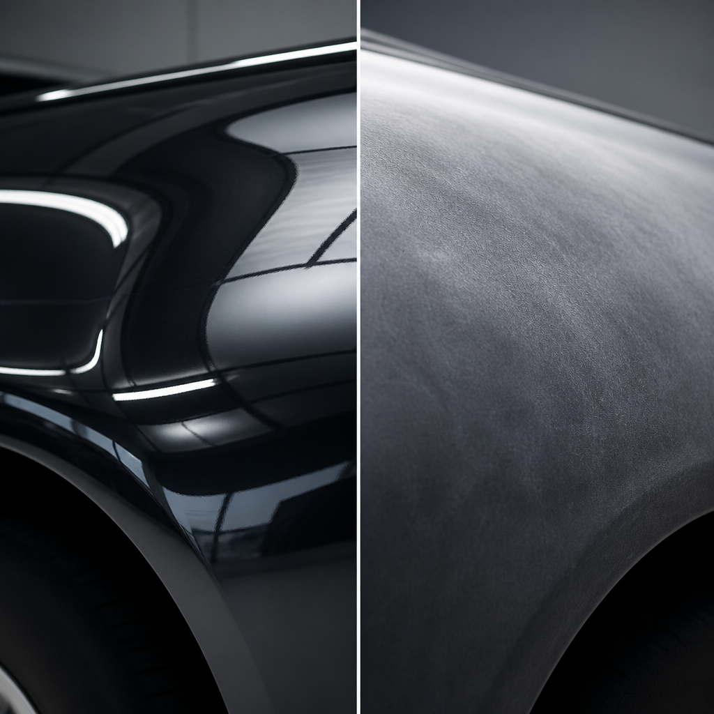 Before and after comparison of oxidized versus professionally corrected car paint finishes
