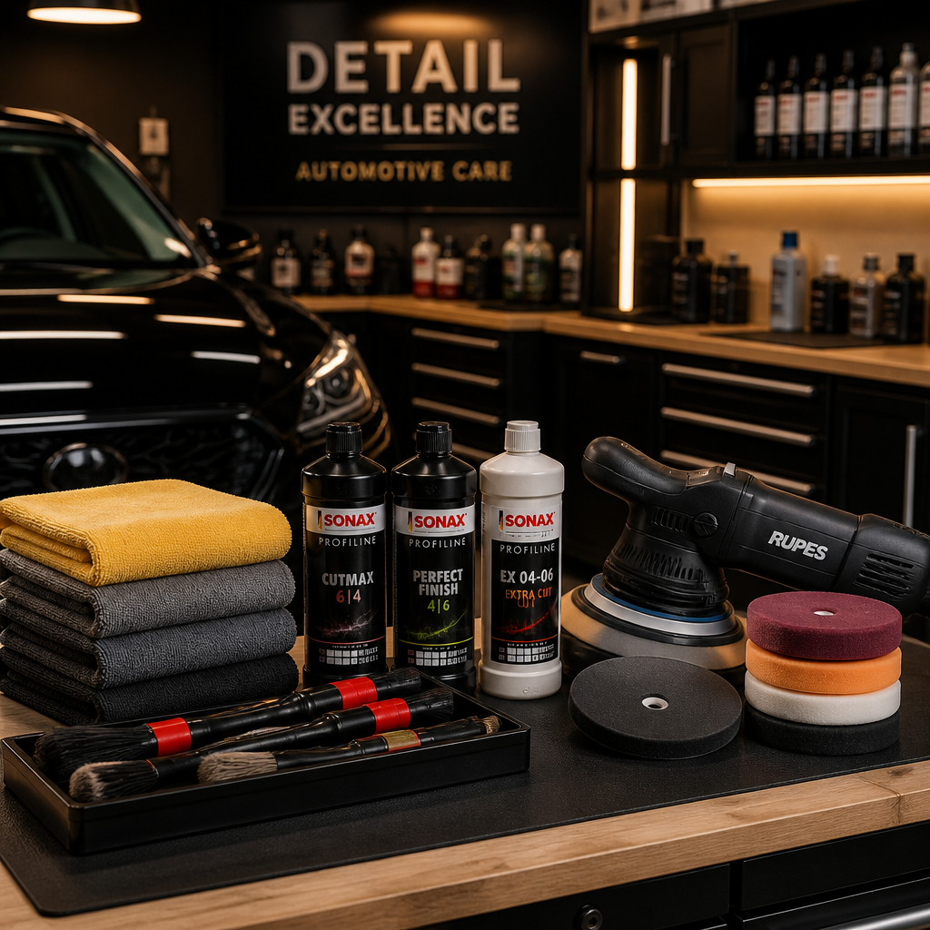Professional automotive correction workspace with polishing equipment and detailing supplies