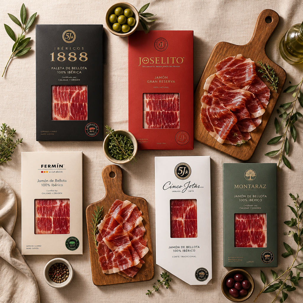 Composición plana de packs de jamón ibérico gourmet con precintos de colores y accesorios culinarios