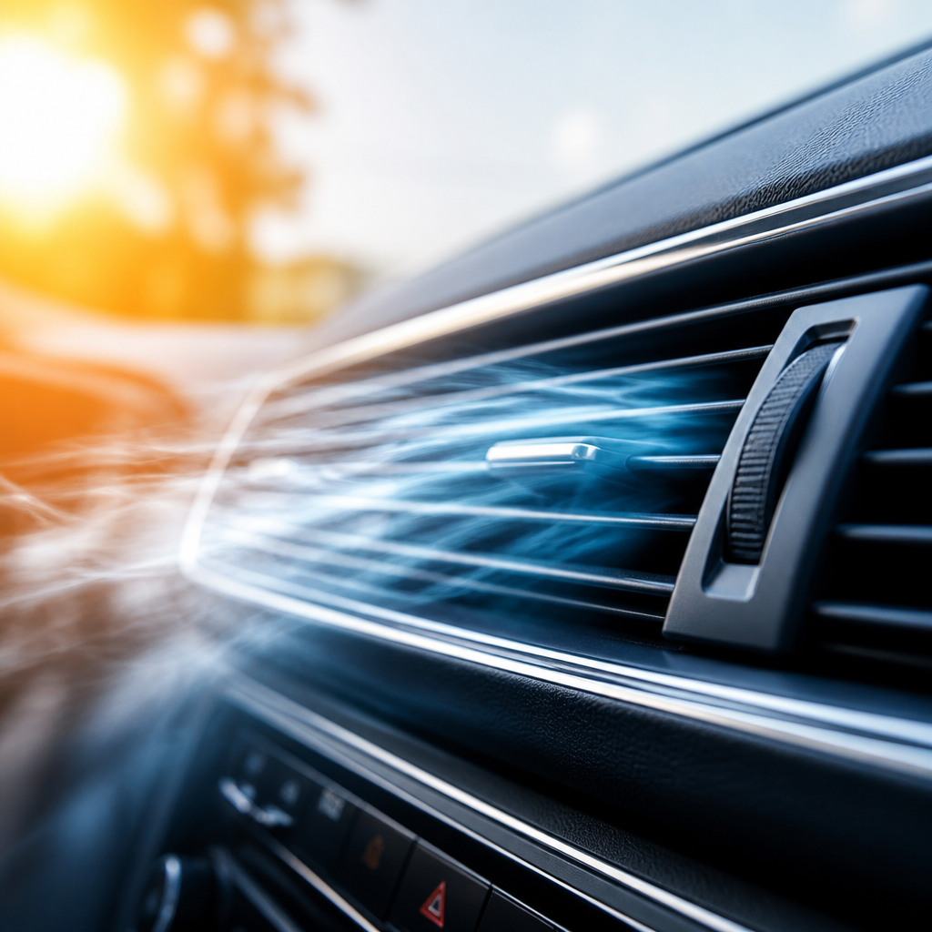 Close-up of car AC vents with cool air visualization