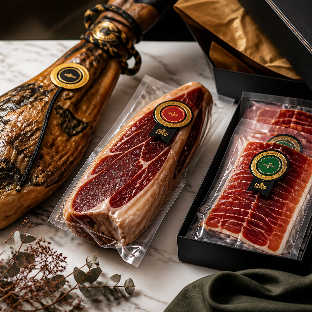 Detalle de diferentes formatos de packs de jamón ibérico con precintos oficiales de categorías