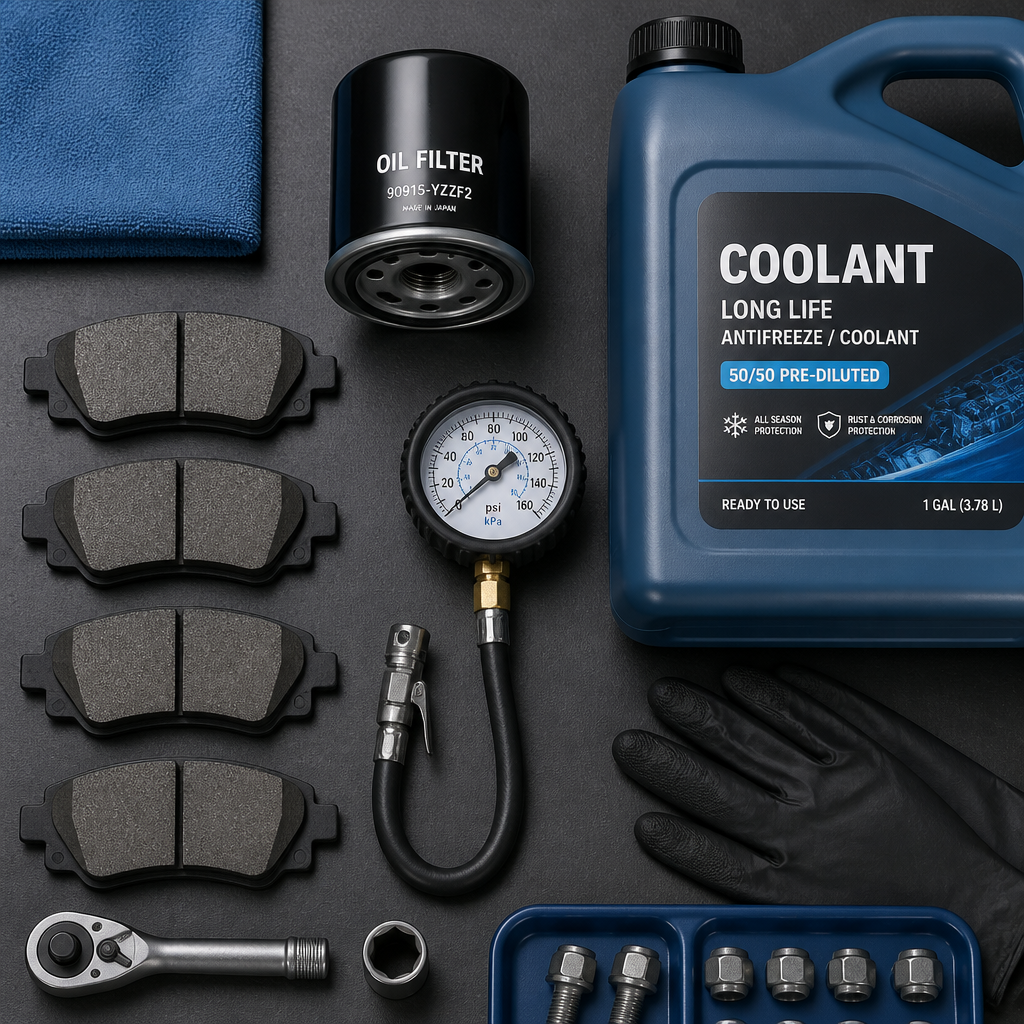 Car maintenance supplies and tools arranged on a workbench