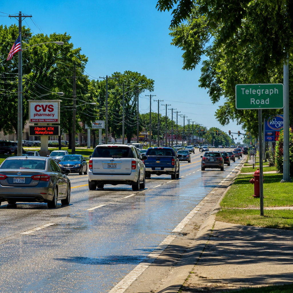 Suburban road in summer heat with light traffic and bright sunlight