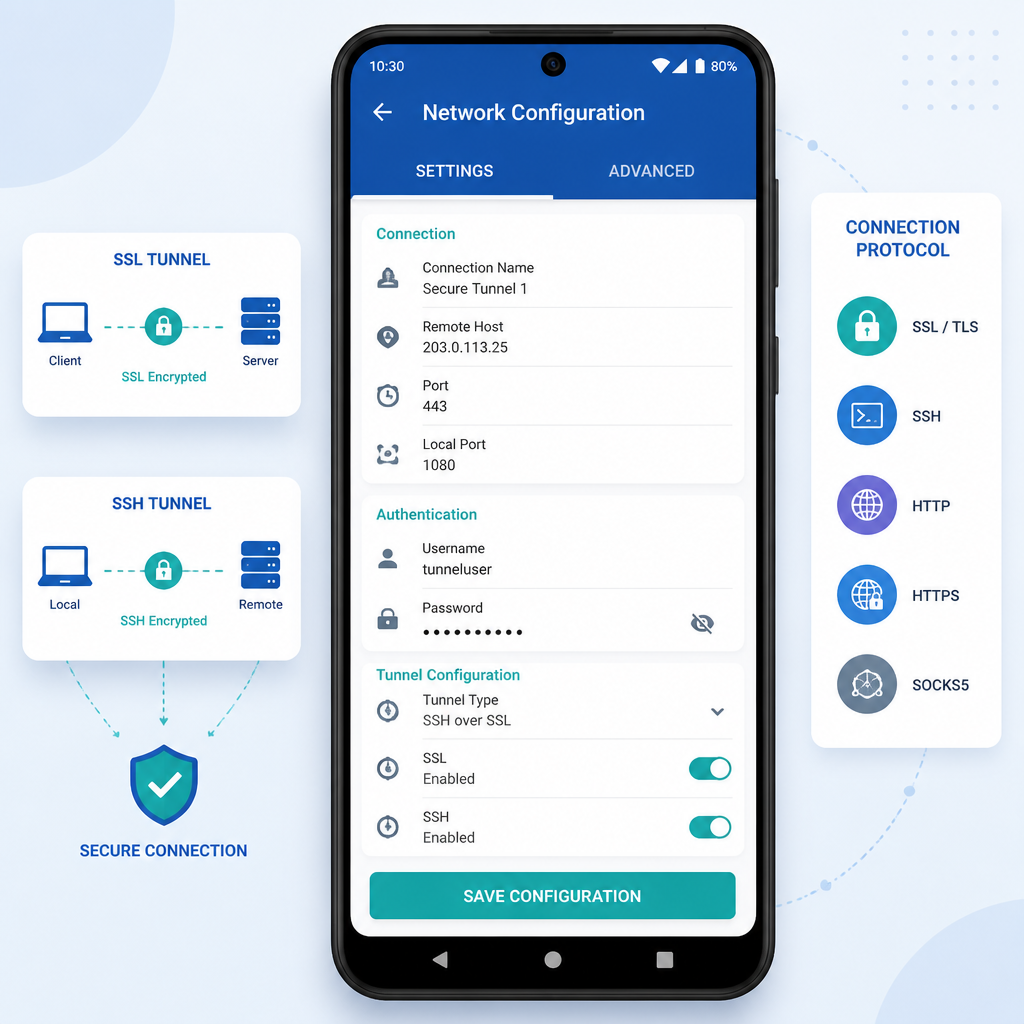Android smartphone displaying HTTP Custom network configuration interface with SSL/SSH tunneling icons