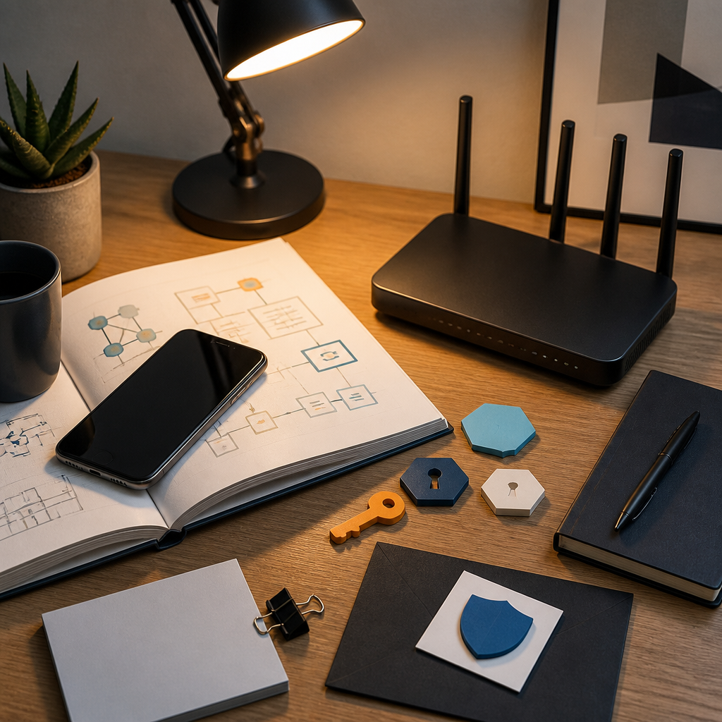 Organized desk setup with Android phone, networking equipment, and tech configuration elements