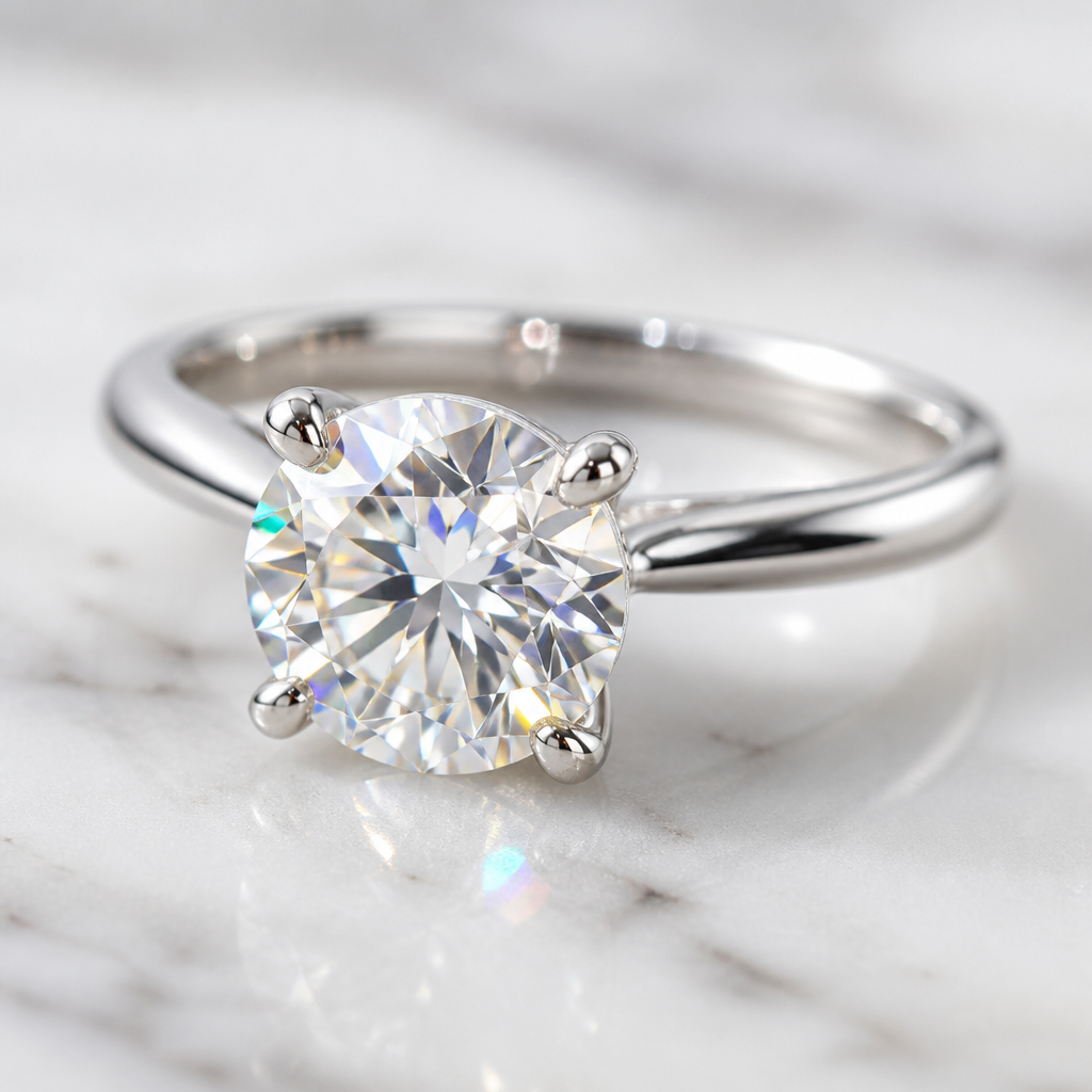Moissanite solitaire engagement ring displaying brilliant sparkle on marble surface