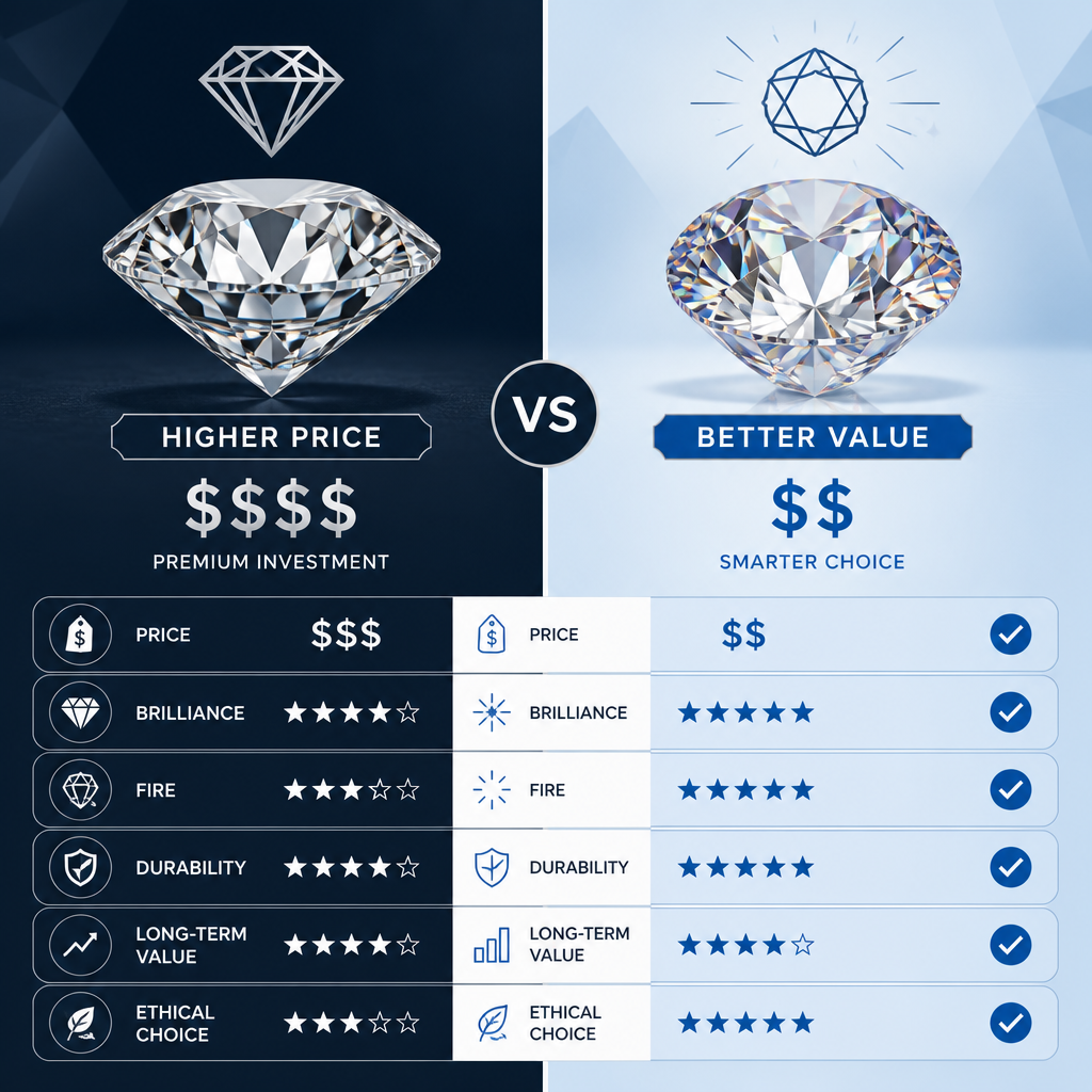 Visual comparison of moissanite versus diamond pricing and value proposition