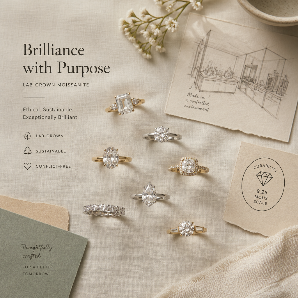 Curated arrangement of moissanite engagement rings showcasing diverse designs and ethical sourcing