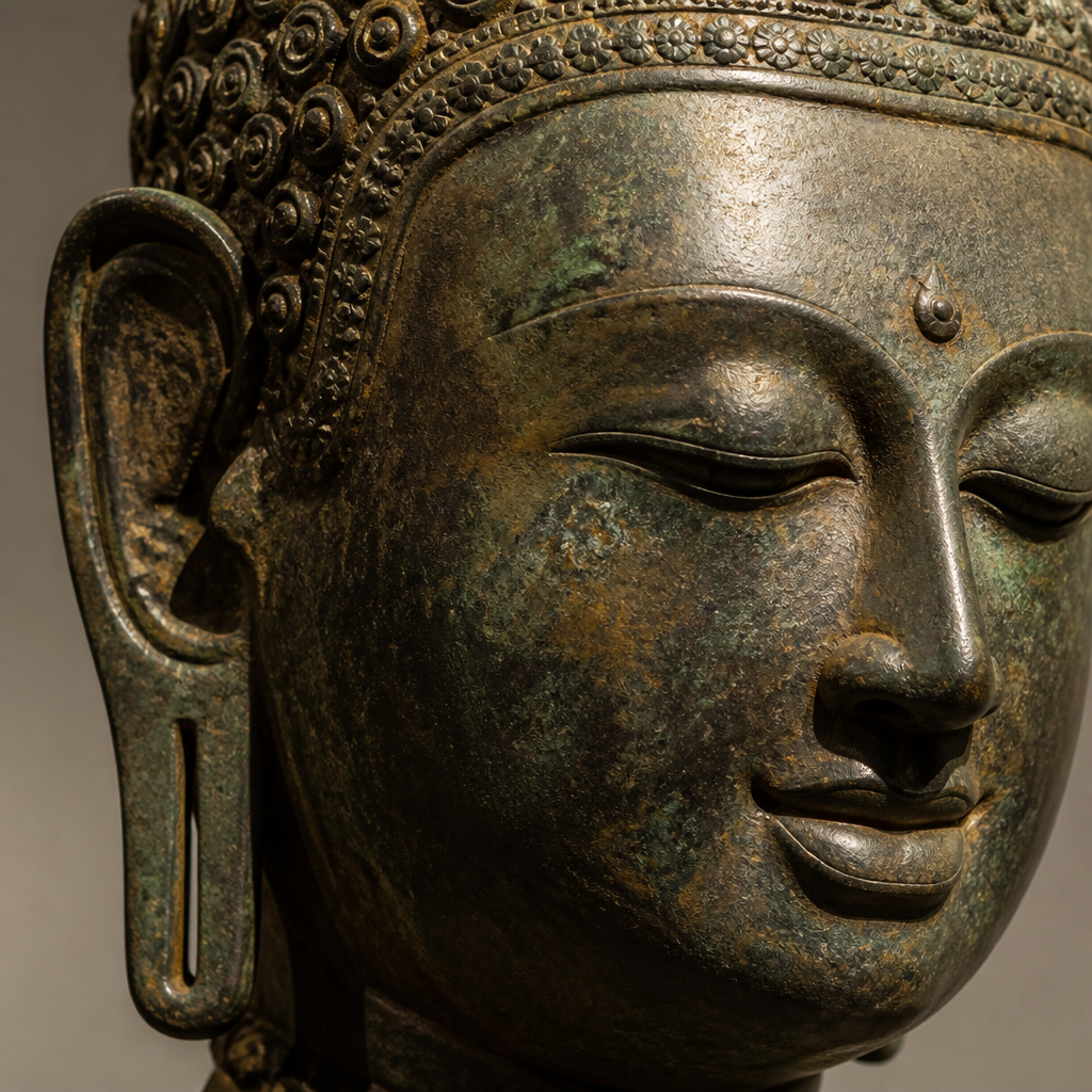 Detailansicht einer alten javanischen Buddha-Bronzeskulptur mit komplizierten Gesichtszügen und Patina