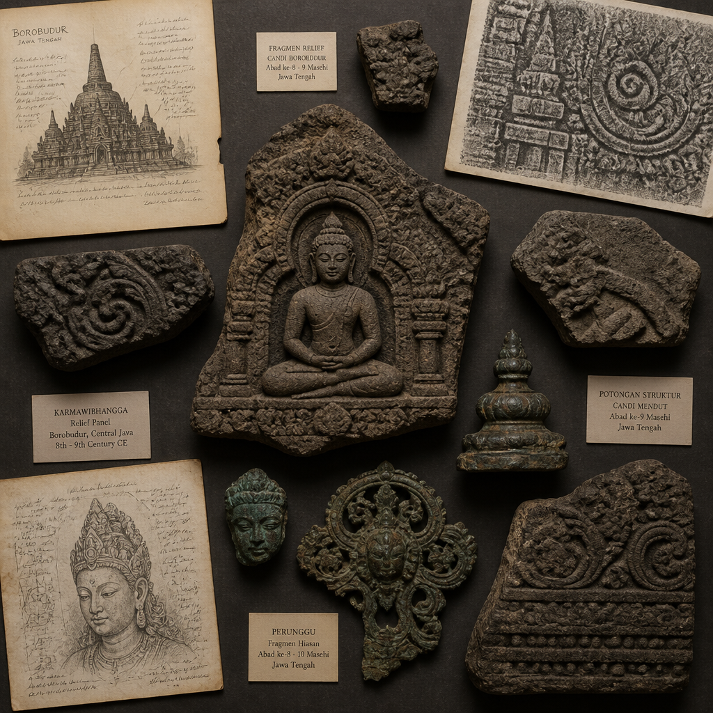 Ausgestellte Sammlung indonesischer buddhistischer Skulpturenfragmente und archäologischer Artefakte