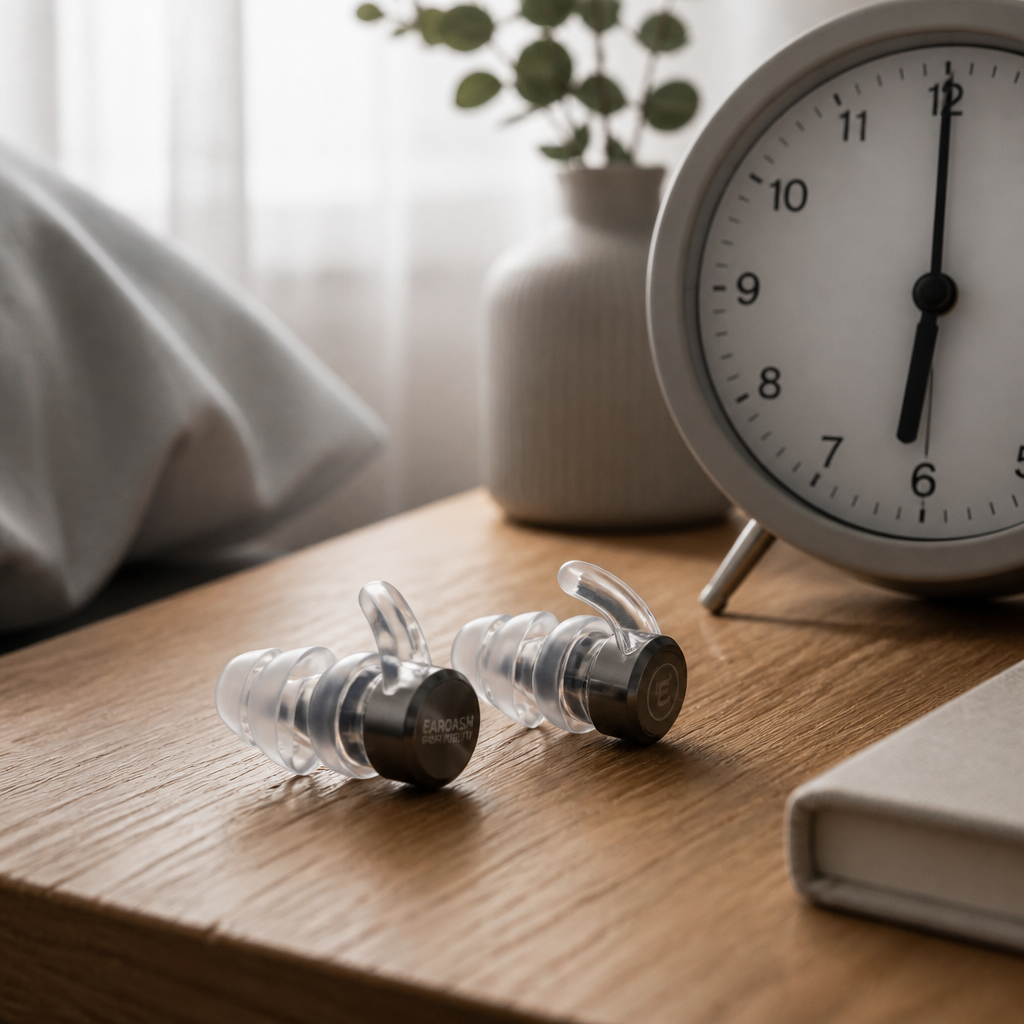 High-quality ear plugs displayed on a bedside table with soft morning light