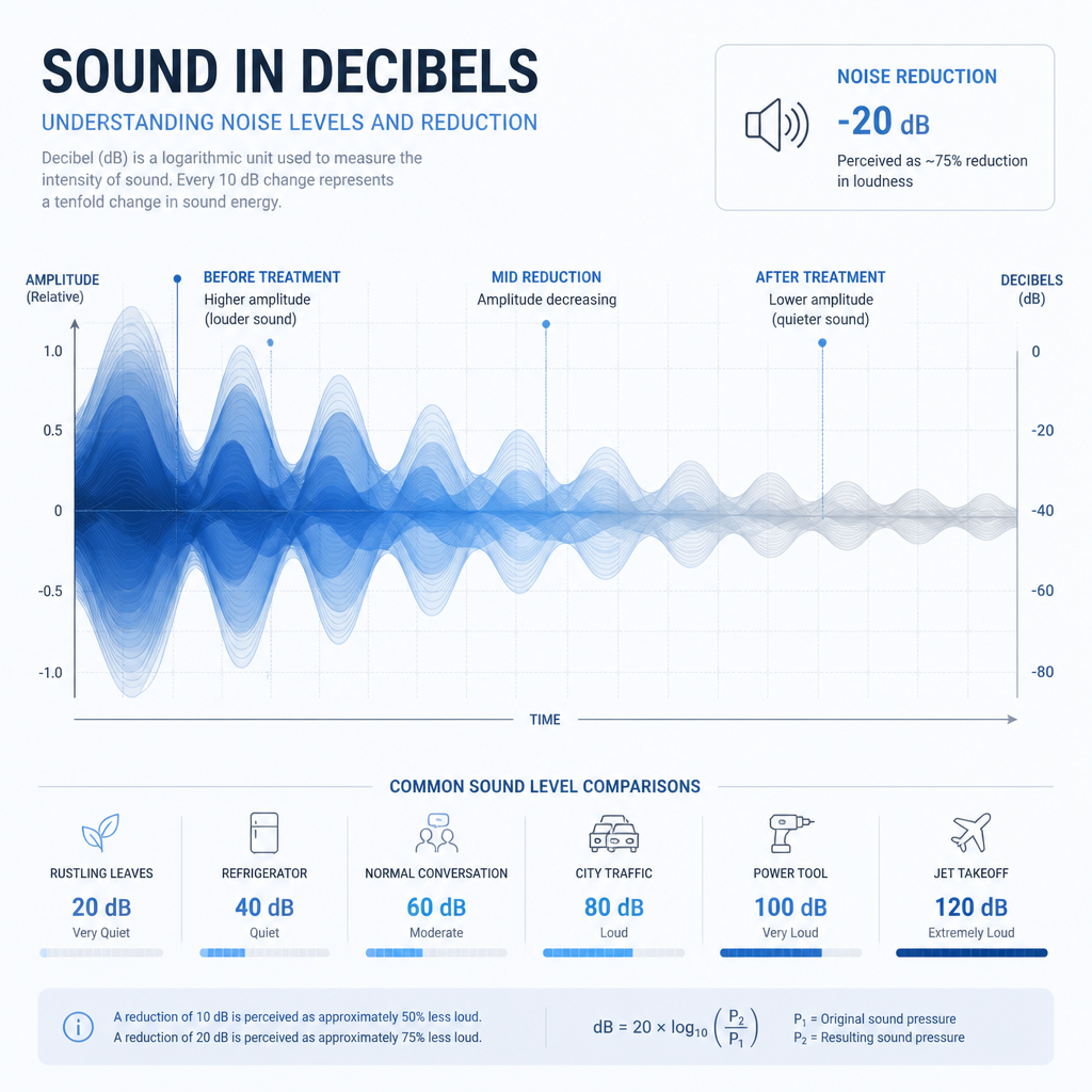 Abstract sound wave visualization showing decibel reduction levels