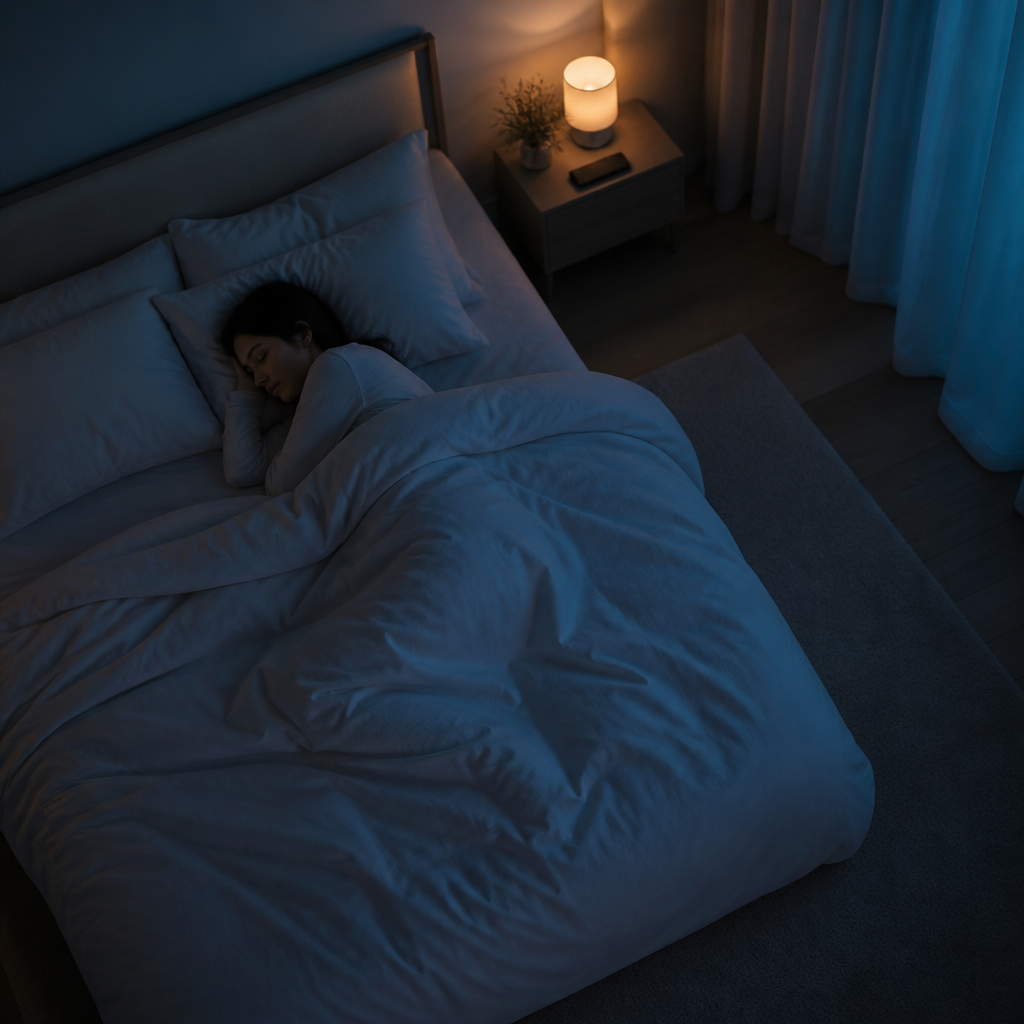 Peaceful bedroom scene at night illustrating undisturbed sleep