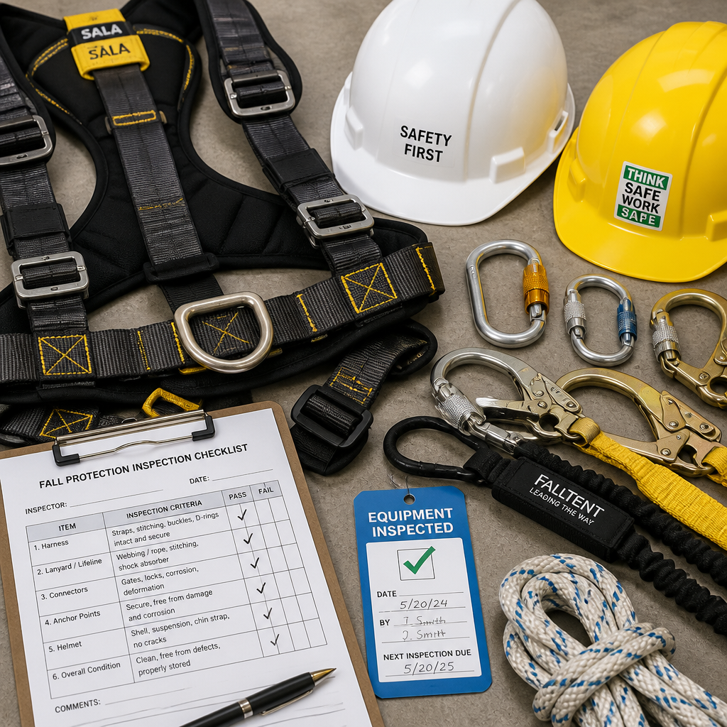 Professional window cleaning safety equipment and harnesses on concrete surface