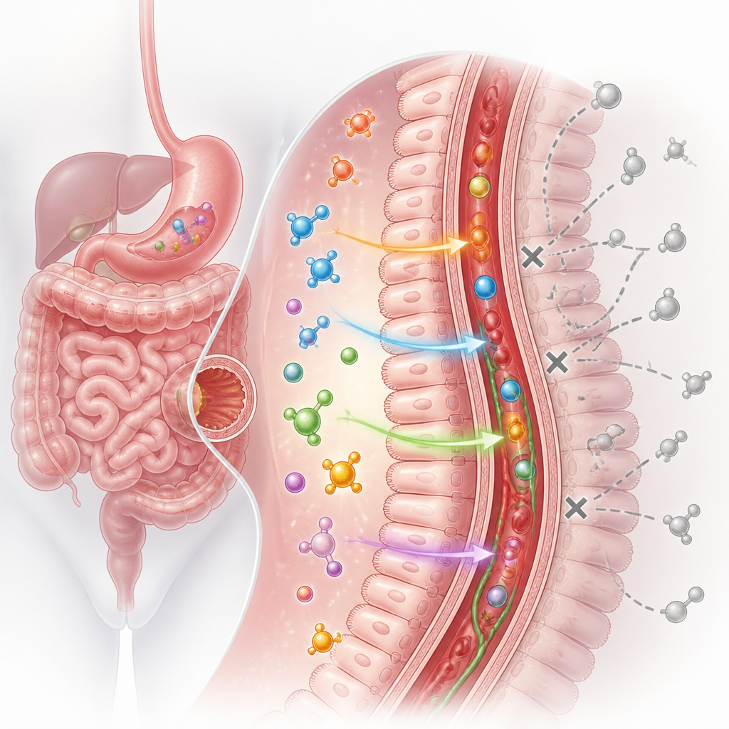 Scientific illustration of nutrient absorption in the digestive system showing bioavailability differences