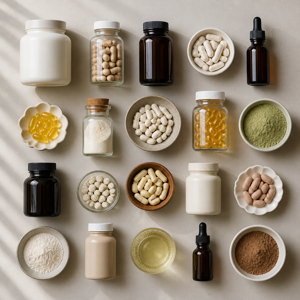 Collection of different supplement forms and delivery methods arranged overhead