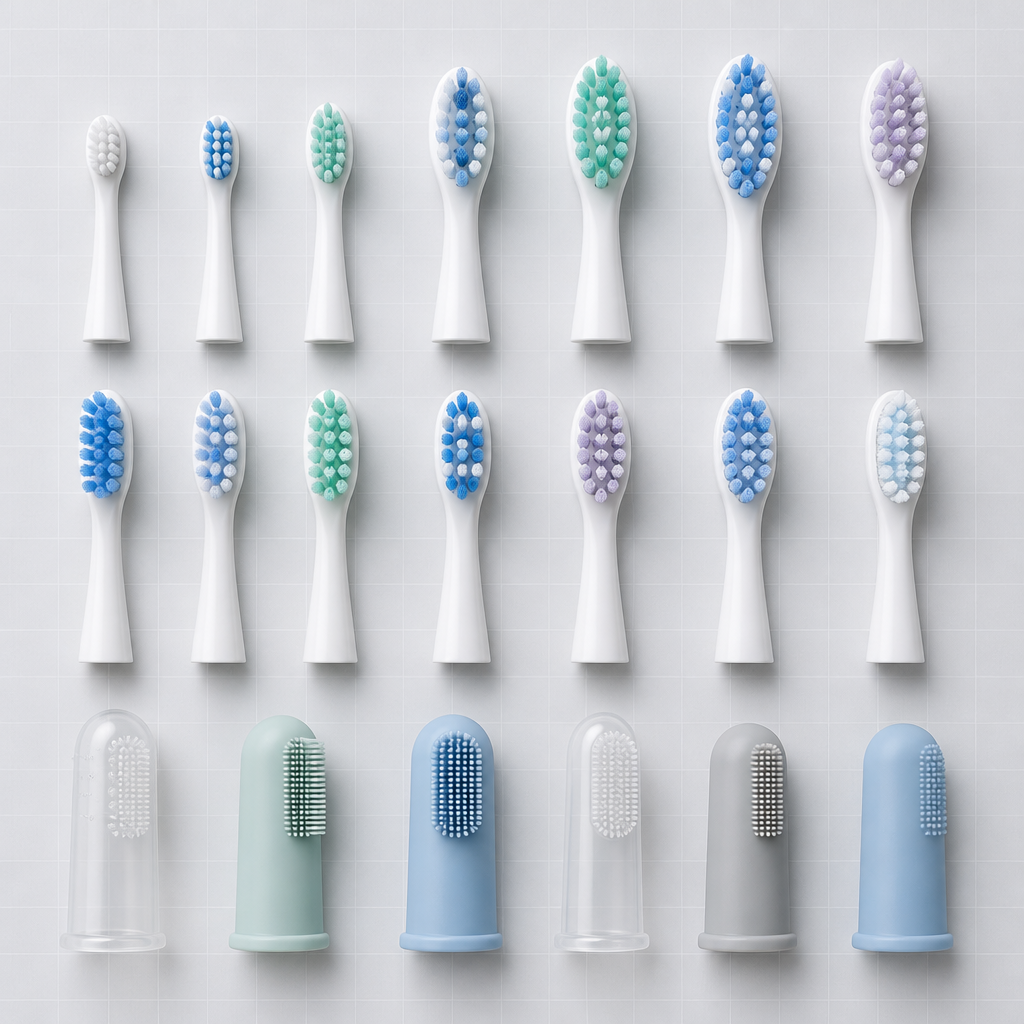 Flat lay arrangement of different toothbrush head sizes and brush formats