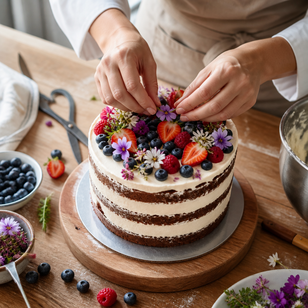 Artisan pastry chef decorating a handcrafted layered cake with fresh berries and edible flowers