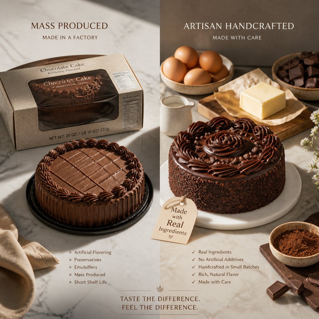 Side-by-side comparison of mass-produced cake versus artisan handcrafted cake showing quality differences