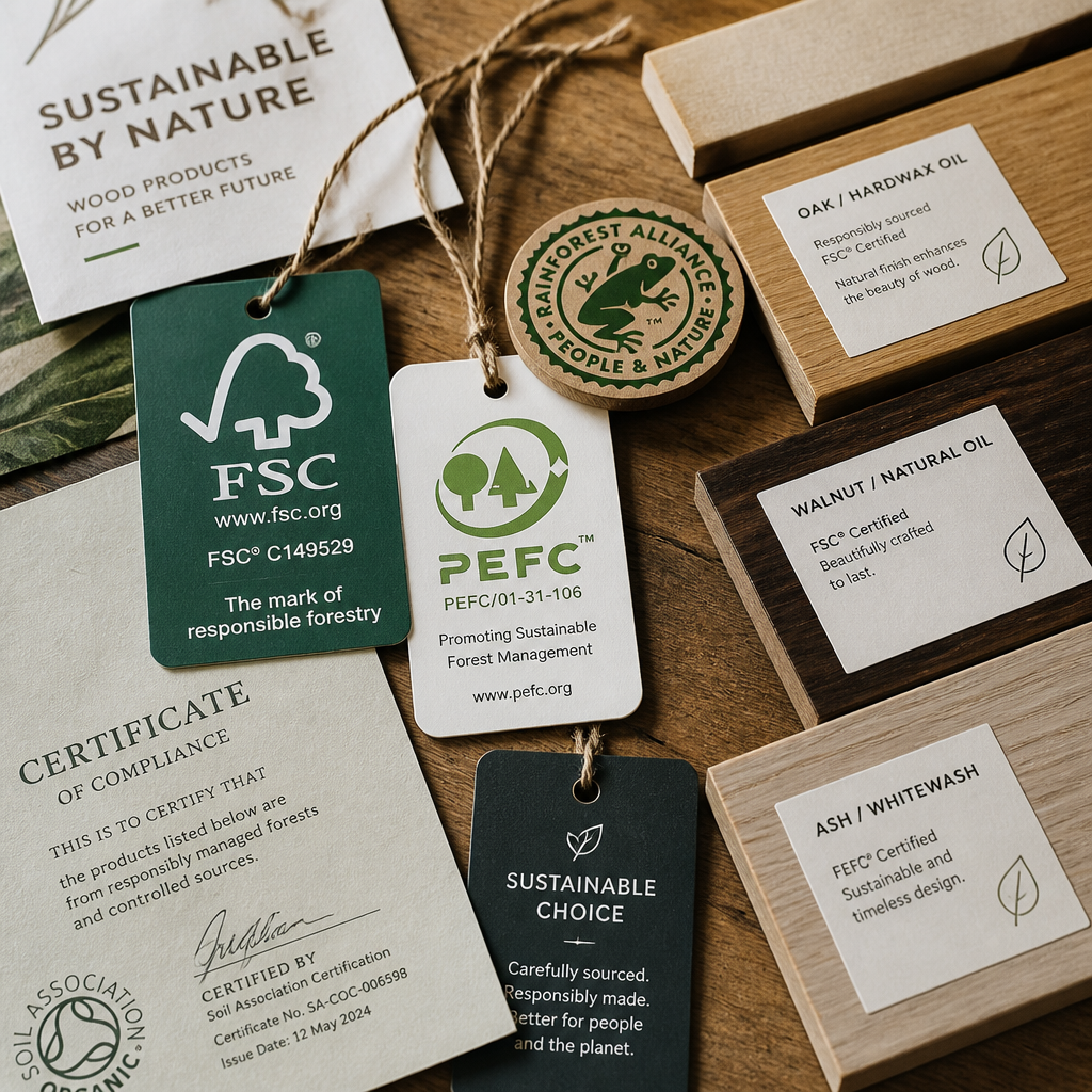 Certification labels and sustainable wood product documentation laid flat on natural wood texture