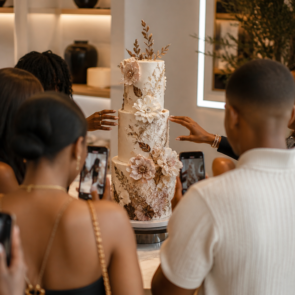 Guests gathering around and photographing an artisan handcrafted cake at a celebration event