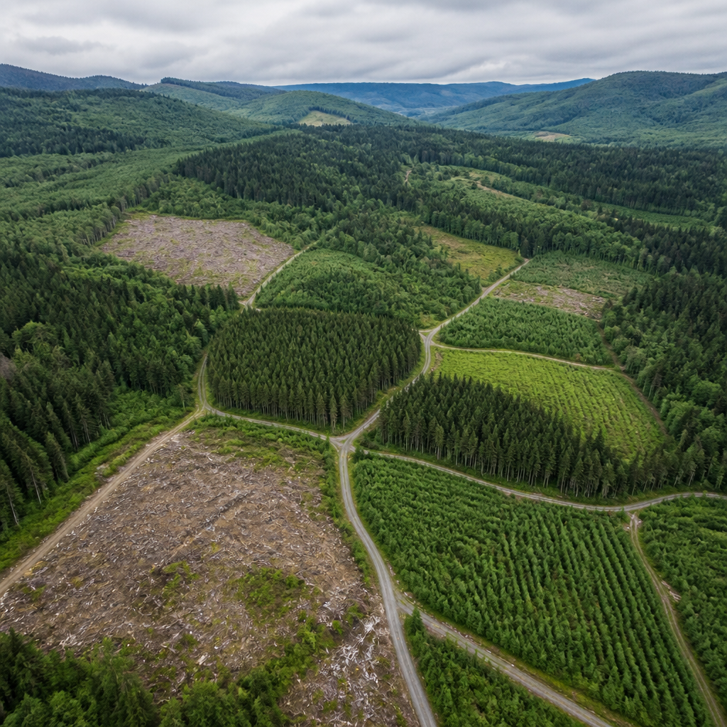 Aerial landscape view of responsibly managed forest with harvested and regrowth areas