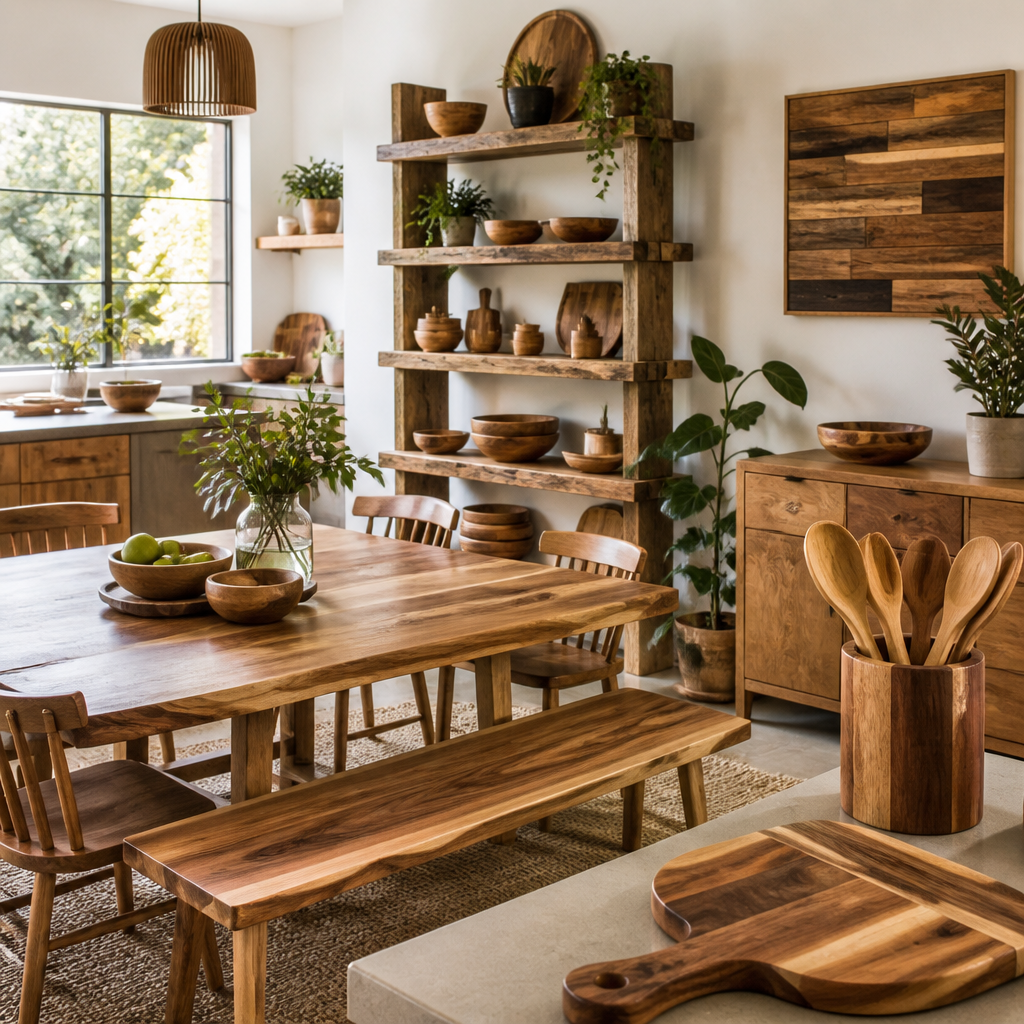Collection of sustainably sourced wood products displayed in a bright, minimalist home interior
