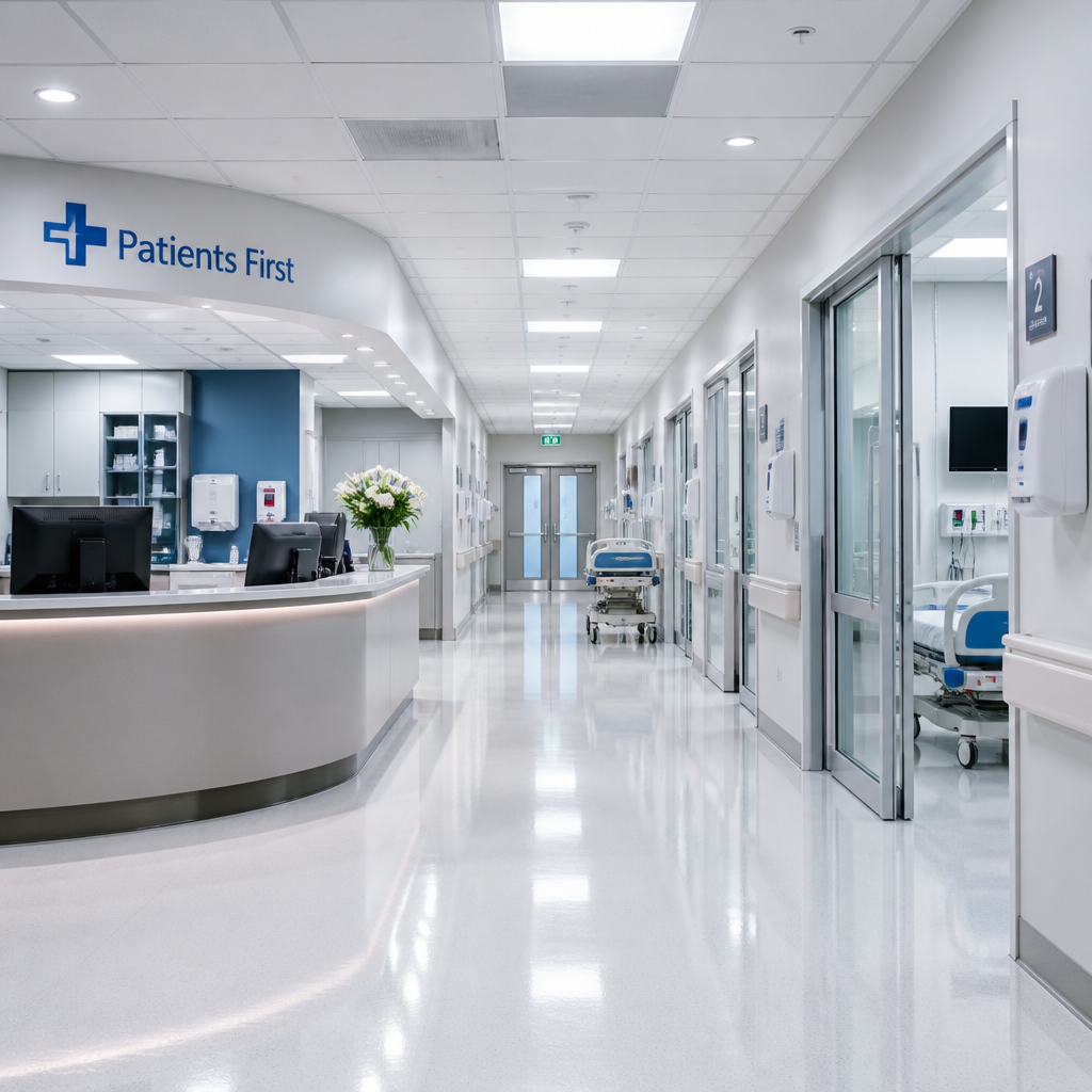 Hospital corridor with polished floors and clean surfaces in a modern medical facility