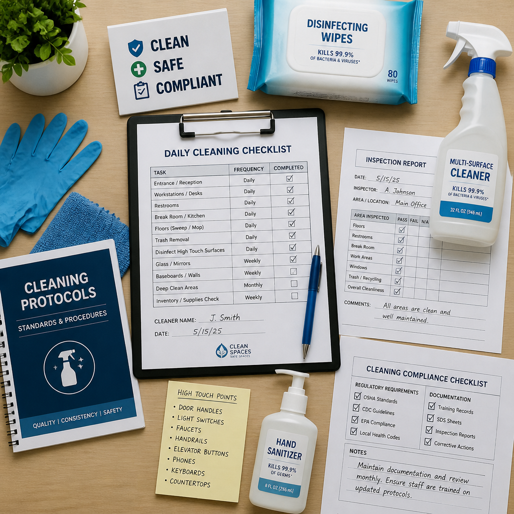 Overhead view of cleaning compliance documentation and professional cleaning supplies on a desk