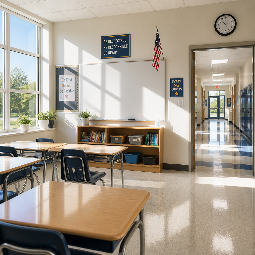 Empty school classroom with clean desks and well-maintained interior during after-hours