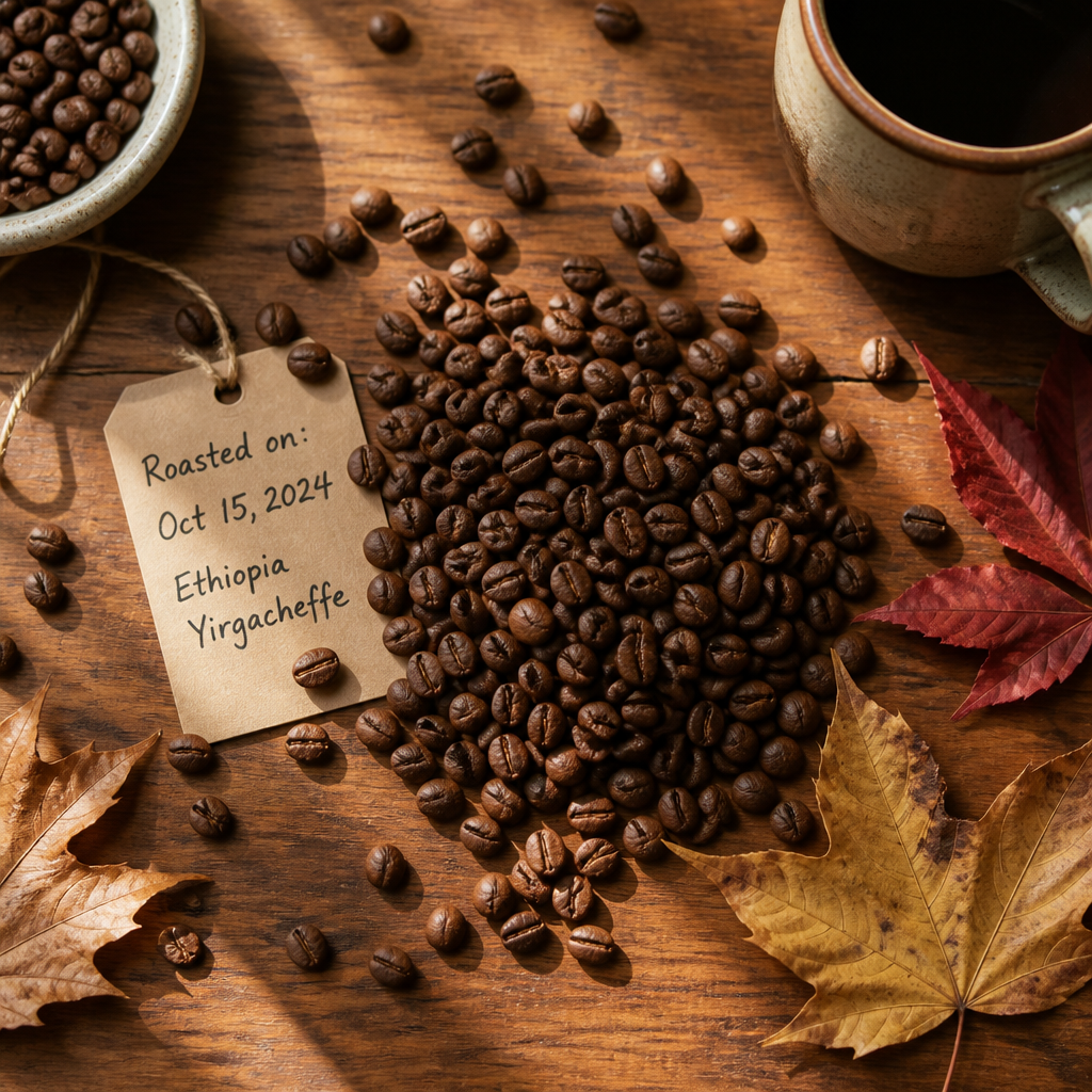 Fresh coffee beans with roast date label and autumn leaves on wooden surface