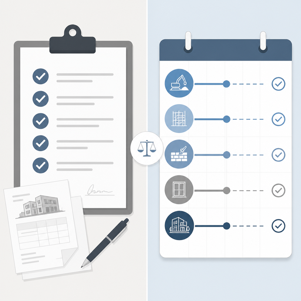 Split-screen visual comparing practical completion and pre-settlement inspection phases