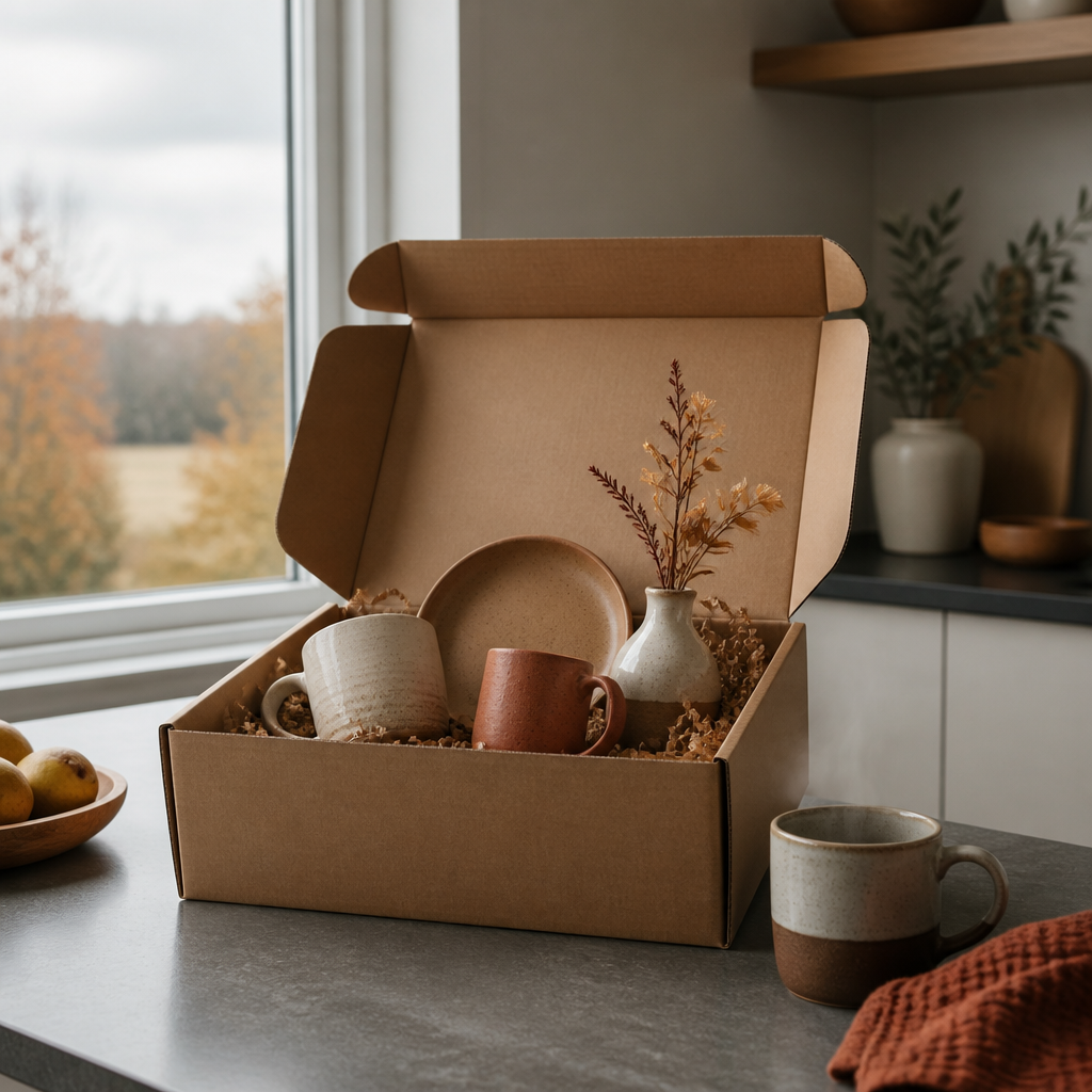 Coffee subscription box delivered on a kitchen counter during autumn morning