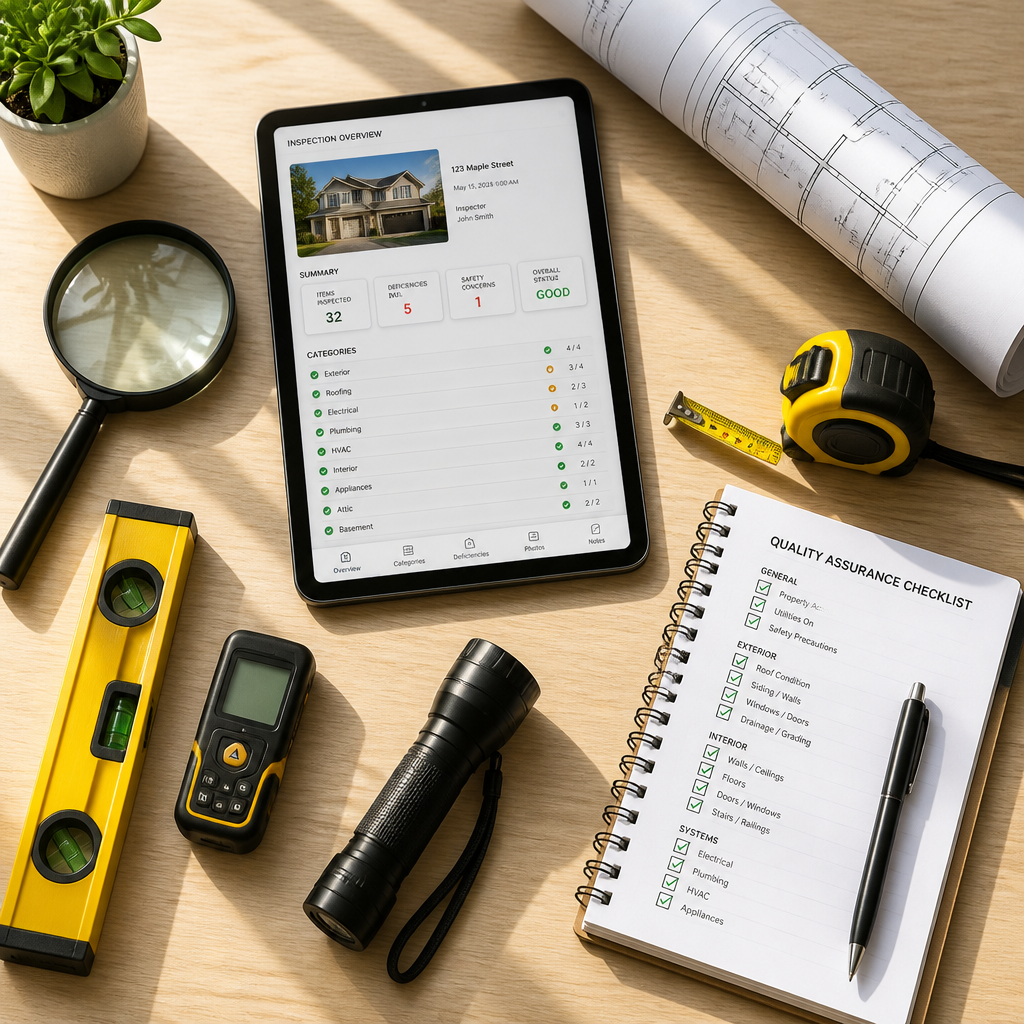 Professional home inspection tools and documentation arranged on a work surface