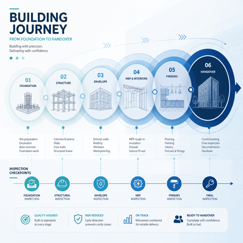 Timeline visualization of building phases and inspection checkpoints during construction