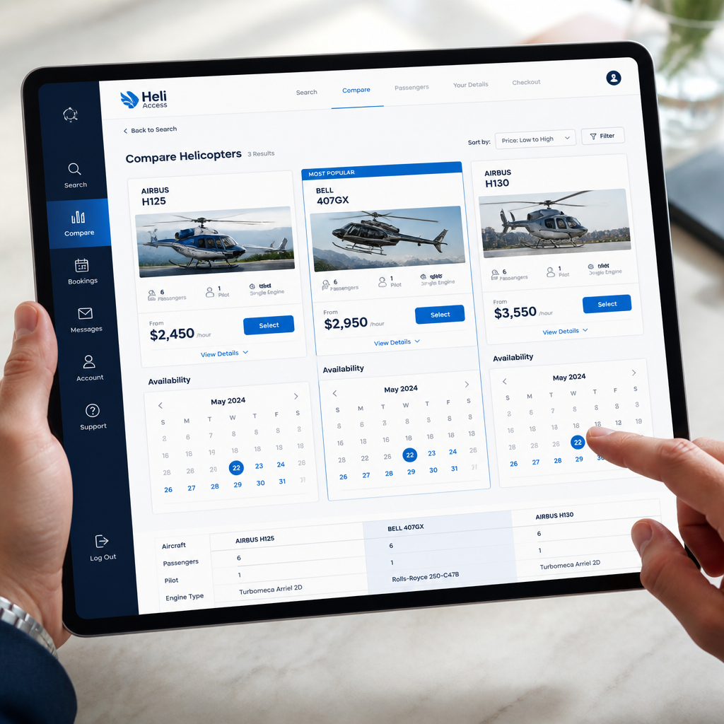 Cyfrowy interfejs marketplacesu helikopterowego wyświetlany na ekranie tabletu z porównaniem opcji lotów