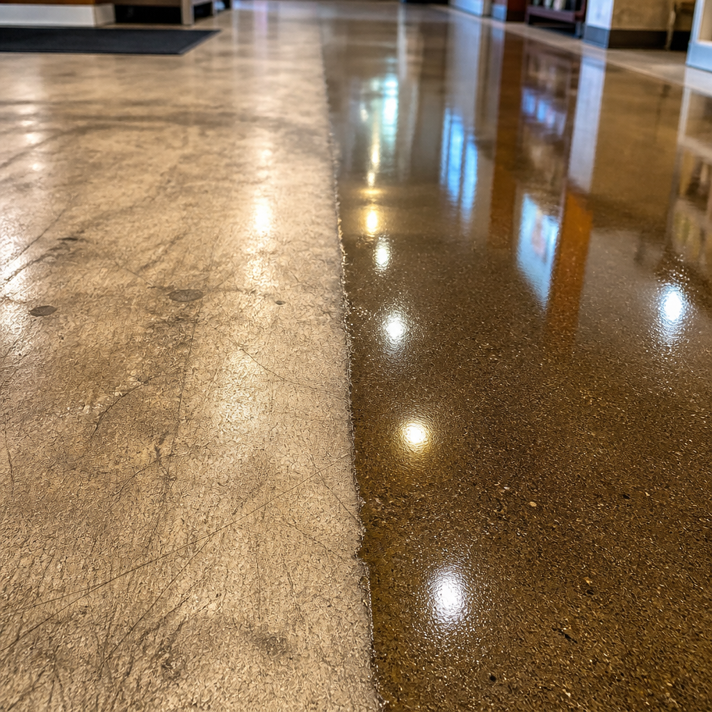 Floor Stripping and Sealing Melbourne: The Complete Guide Before and after comparison of commercial floor stripping and sealing showing dull worn surface versus glossy sealed finish