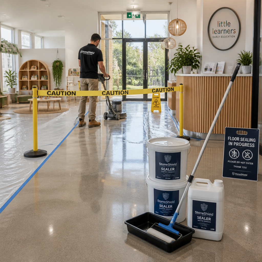 Floor Stripping and Sealing Melbourne: The Complete Guide Commercial floor maintenance workspace with professional sealing equipment and supplies arranged on hard flooring - Floor Stripping and Sealing