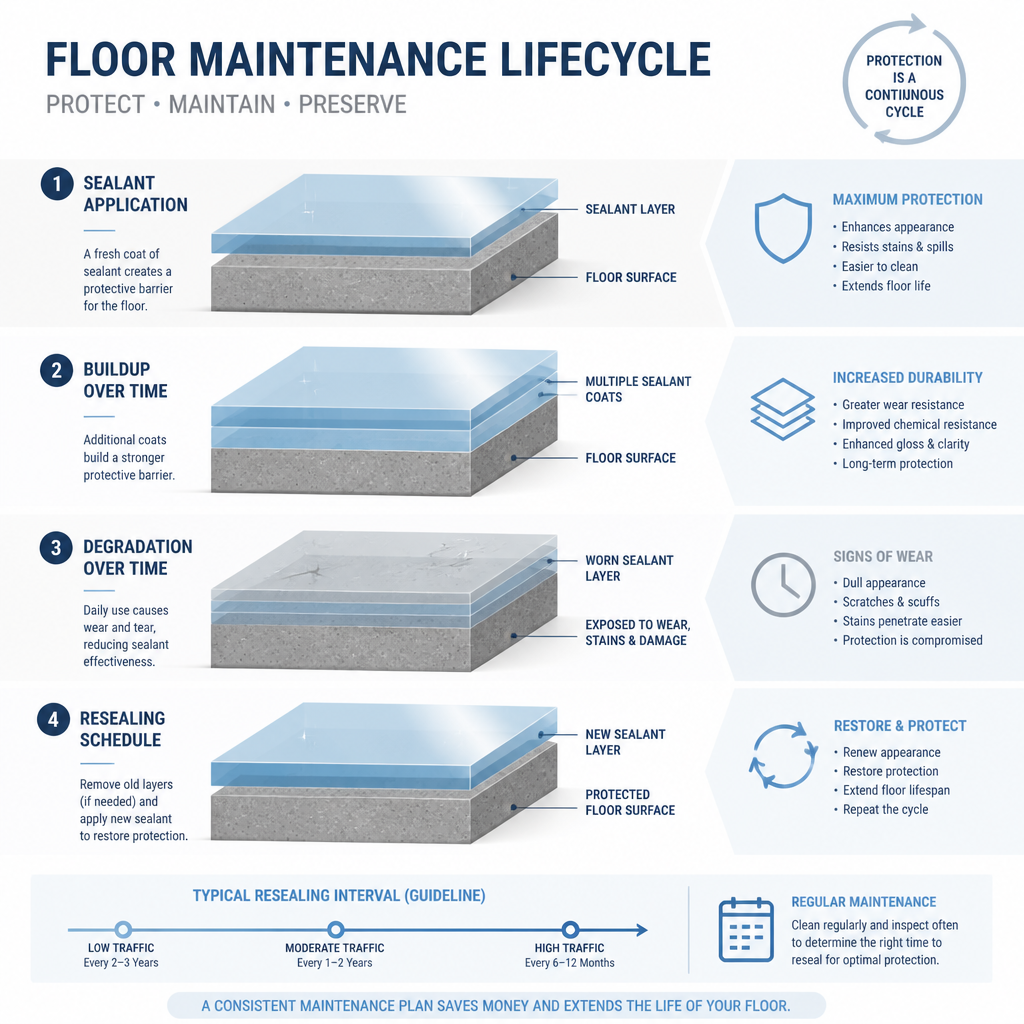 Floor Stripping and Sealing Melbourne: The Complete Guide Abstract visualization of floor sealant layers and maintenance timeline - Floor Stripping and Sealing