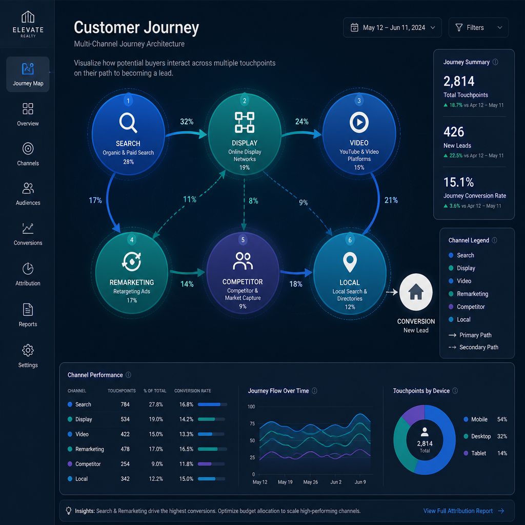 Digital dashboard showing six interconnected marketing touchpoints for real estate strategy