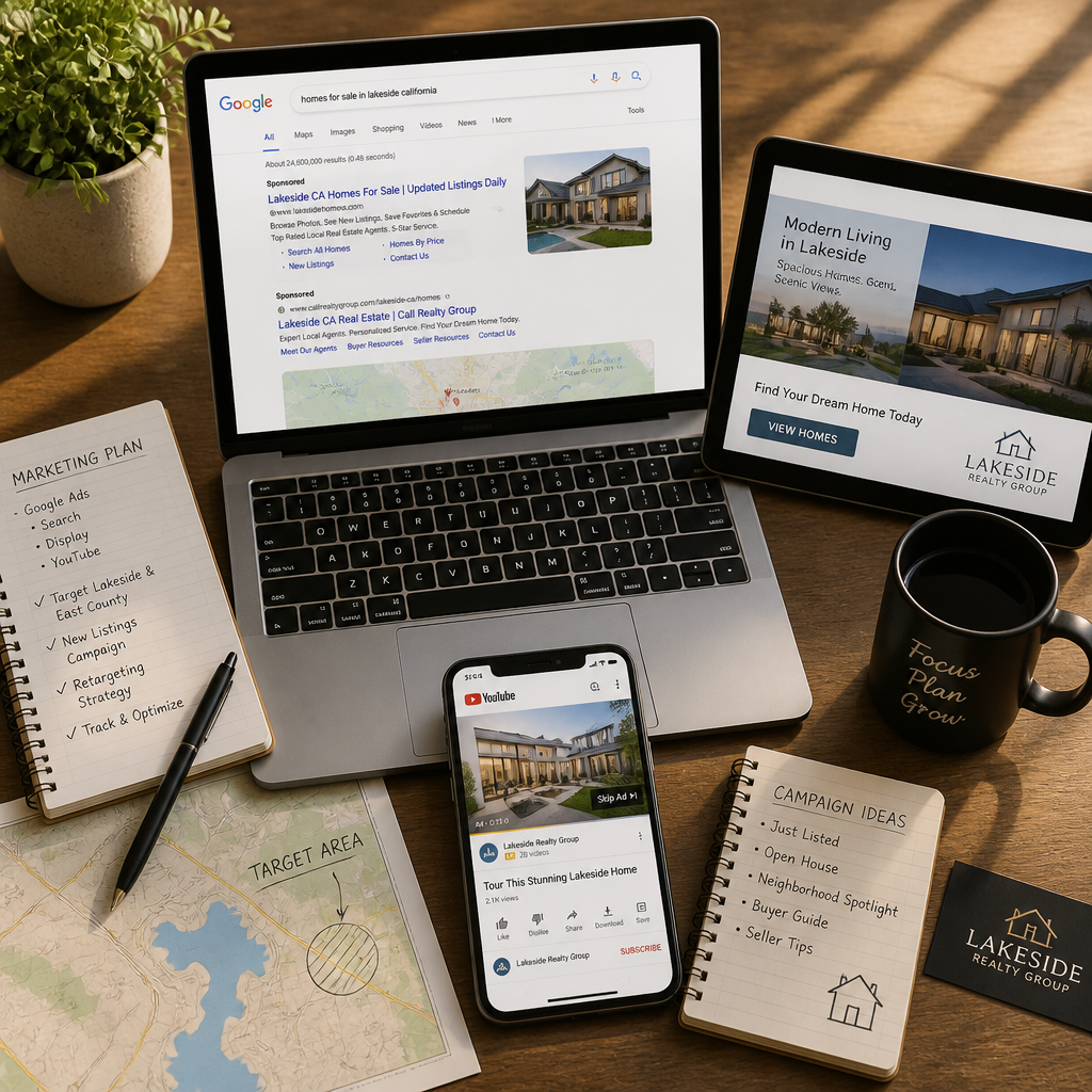 Real estate agent workspace with multiple devices showing different Google Ads formats and campaign types