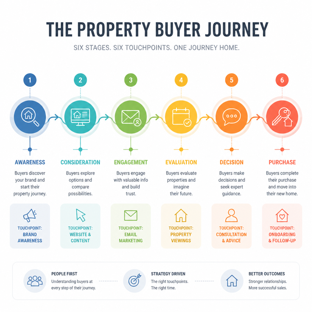 Timeline infographic illustrating the six-touchpoint real estate marketing journey and buyer progression