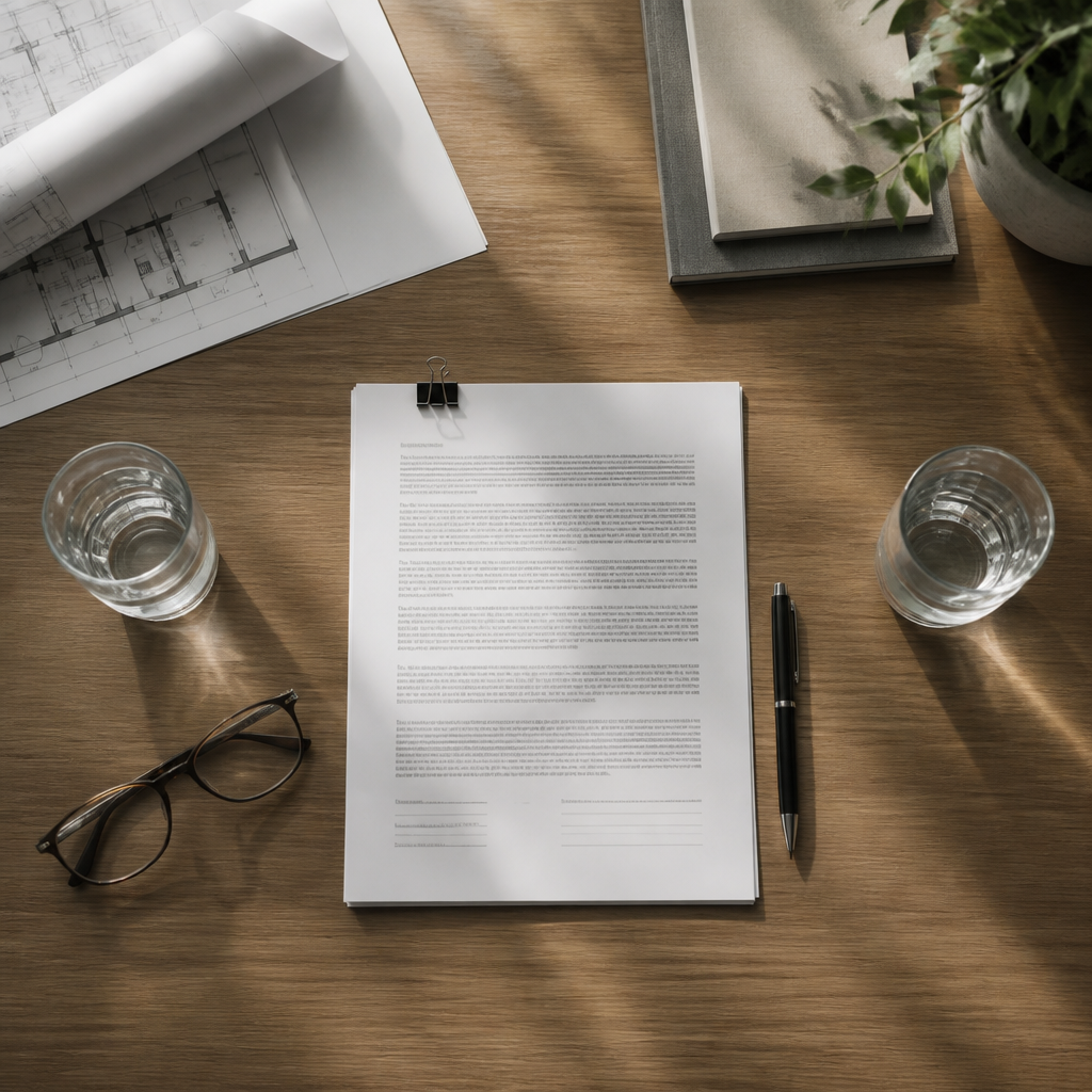 Documents et plans de construction sur un bureau symbolisant une expertise amiable contradictoire