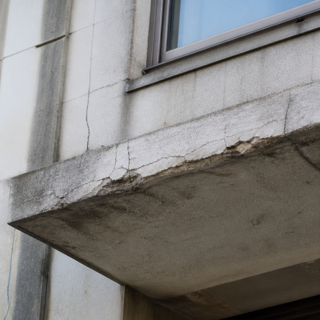 Façade d'immeuble avec fissures et dommages structurels nécessitant une expertise