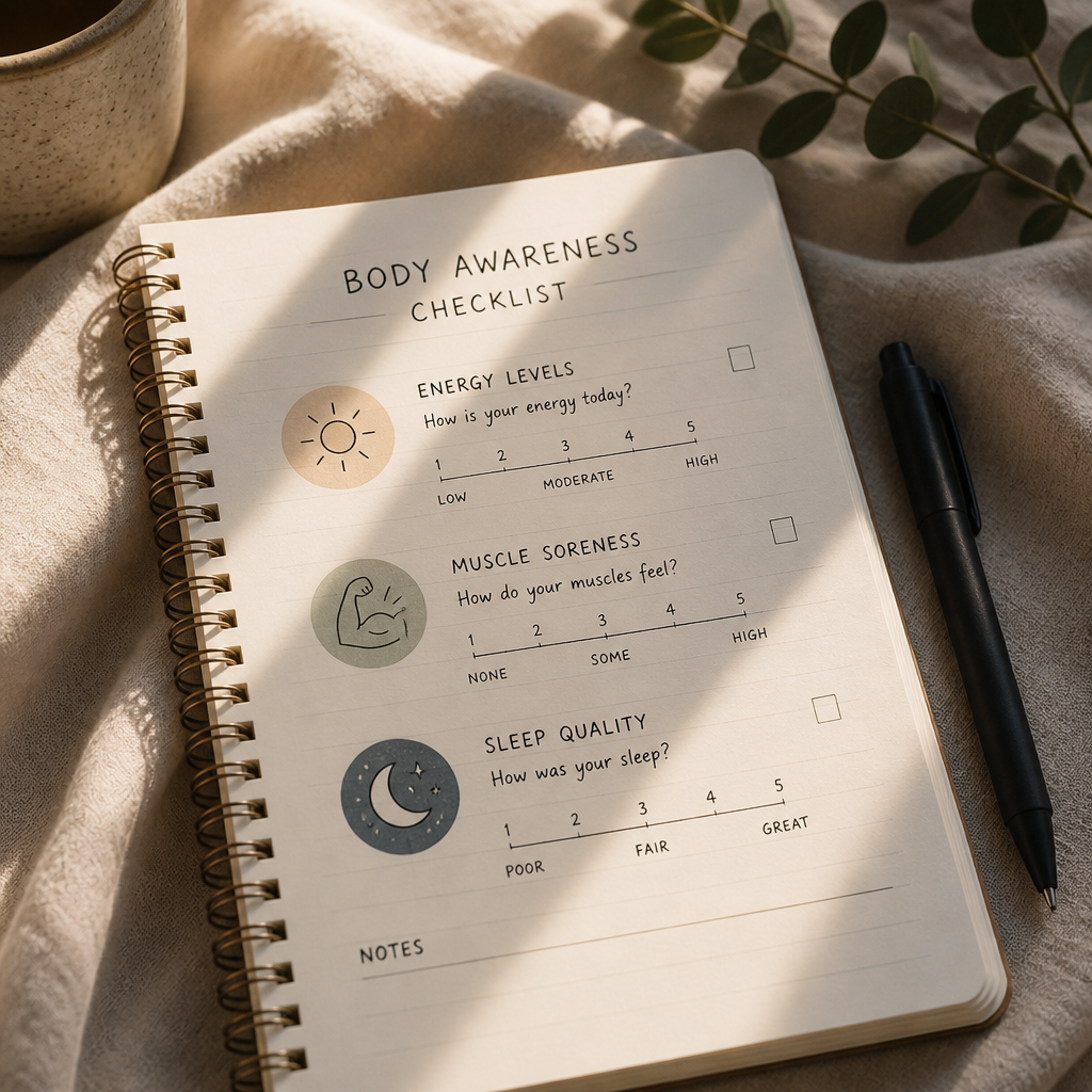 Body signals assessment notebook with checklist items for energy, soreness, and sleep quality