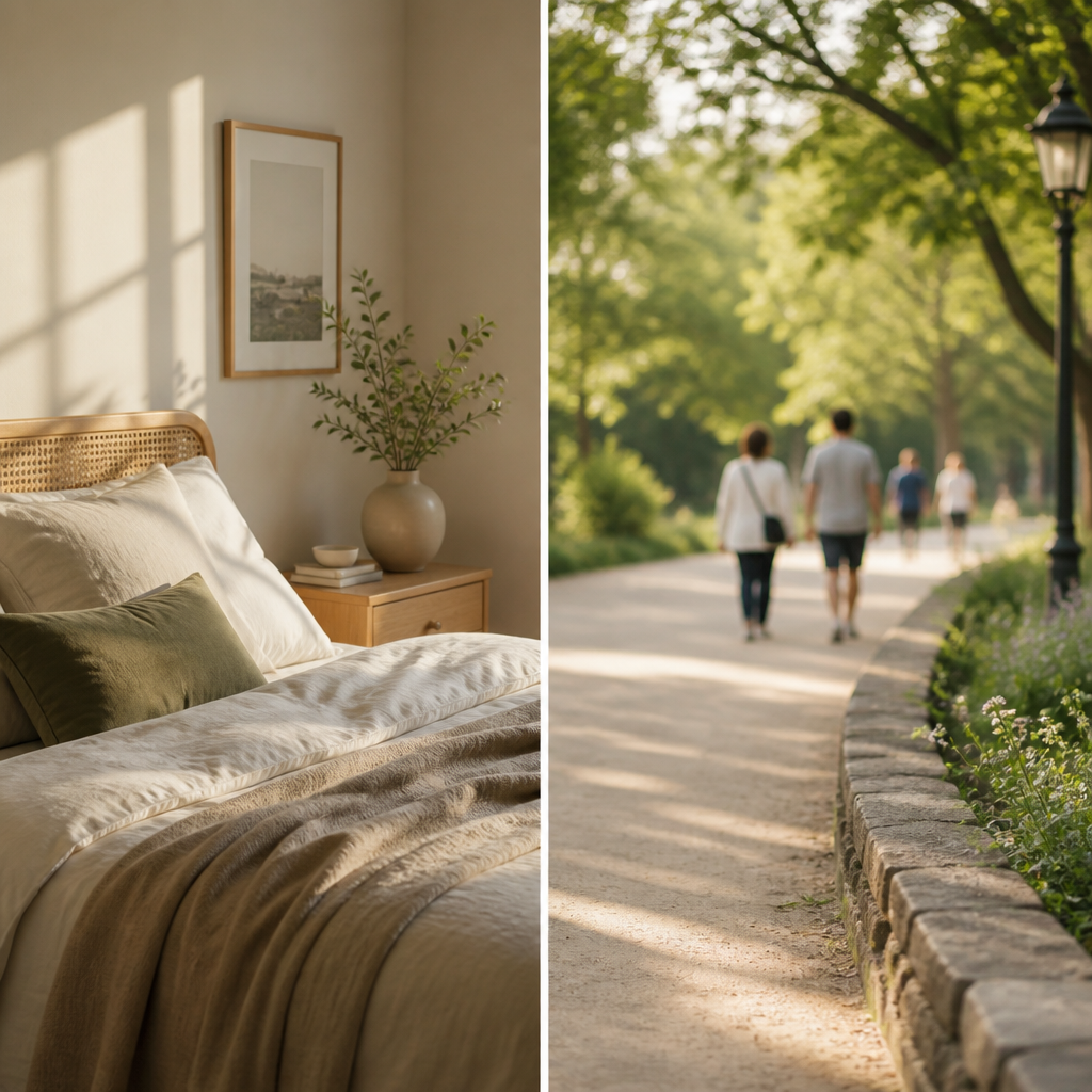 Visual comparison of a peaceful bedroom rest environment and an outdoor gentle movement setting