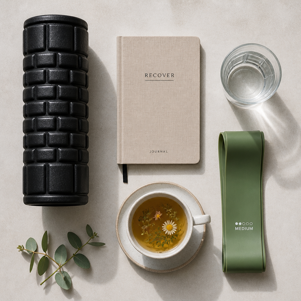 Arranged wellness and recovery tools including foam roller, journal, water, and tea on neutral surface