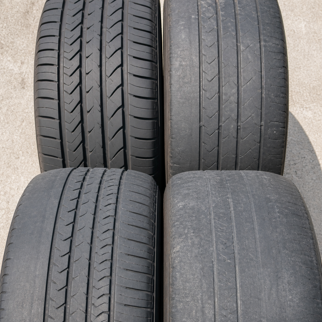 Four tires displaying varying tread wear patterns arranged in a grid to illustrate uneven tire wear.