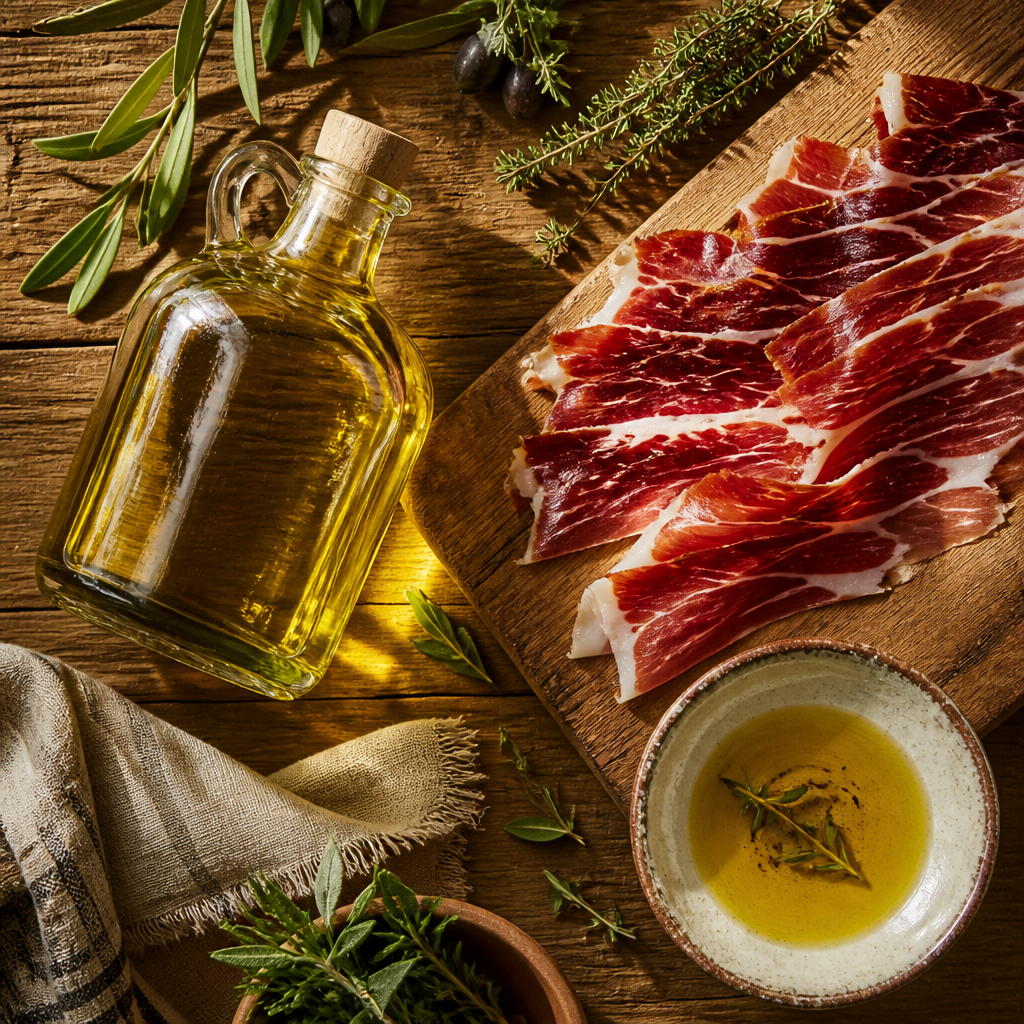 Composición plana con aceite de oliva virgen extra, jamón ibérico y elementos culinarios españoles