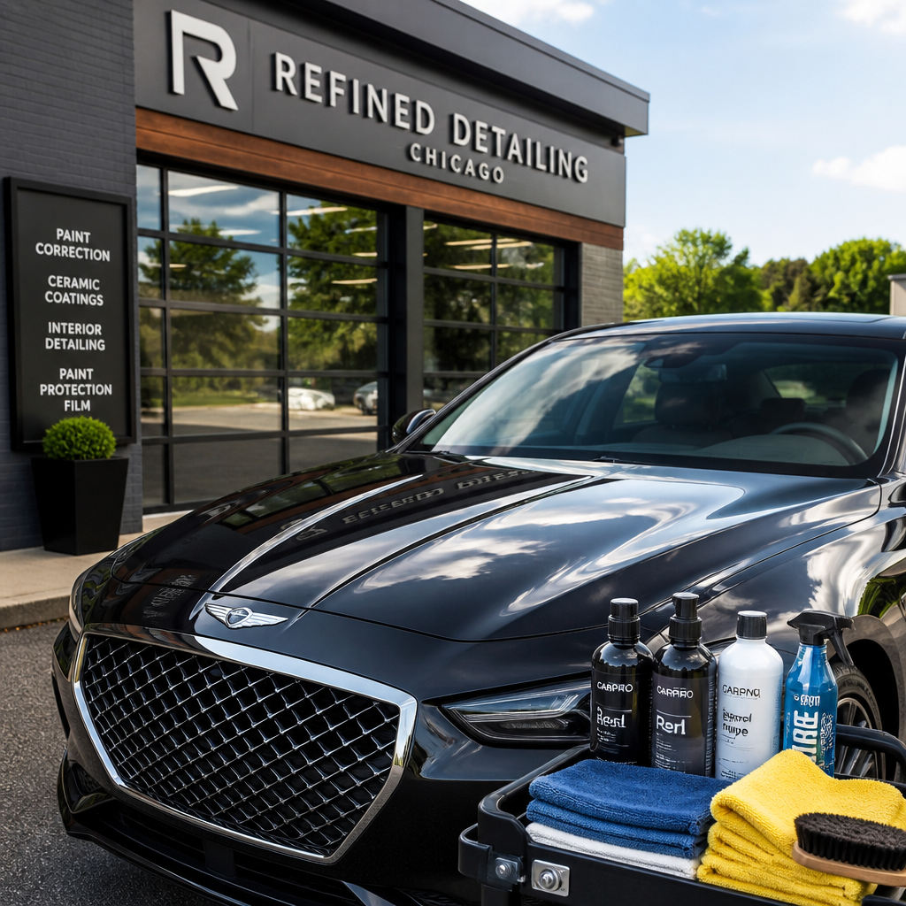 Professional car detailing facility in suburban Chicago with polished sedan and organized workspace
